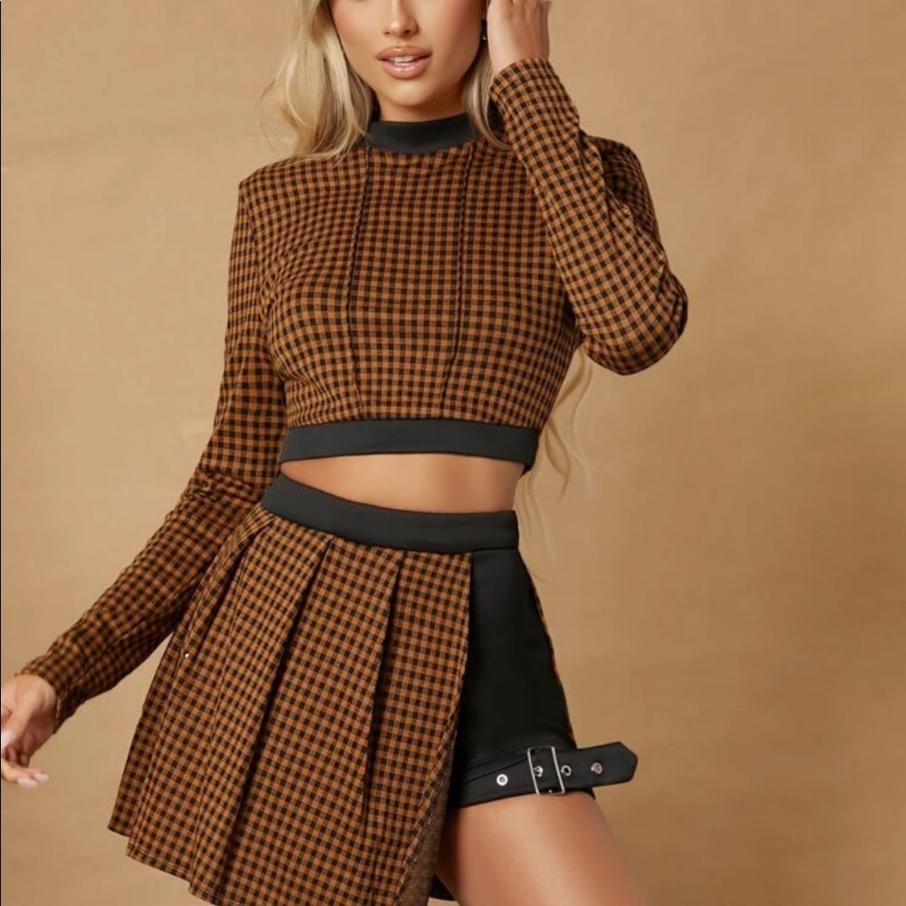 SHEIN plaid print stand neck tee and pleated skort